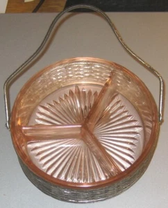 Vintage Rosa Depression Glas Geteilt Süßigkeiten Nuss Relish Schale mit Metall Halter - Bild 1 von 4