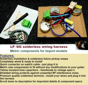 LP/SG Solderless Wiring Harness + Yellow Mustard Tone Capacitors - Picture 1 of 6