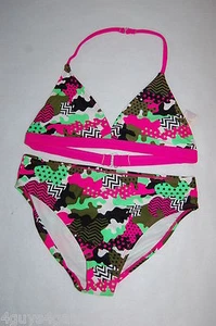 Girls Swim Suit TWO PIECE BIKINI Green Pink CAMO Abstract STARS Stripes L 10-12 - Picture 1 of 1