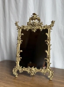 Antique Gold Ornate Table Top Mirror Rose Detail Heavy Cast Iron By Iron Art - Picture 1 of 11