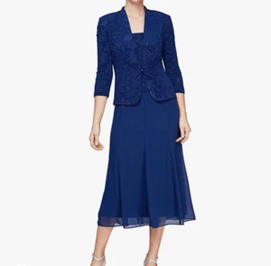 Alex Evenings Petite Blue Tea Length Button-Front Jacket Dress Size 6 Petite - Picture 1 of 15