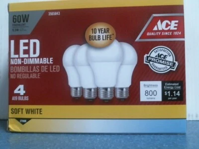 Ace 3565743, LED não regulável, A19, lâmpadas brancas macias, caixa de 4, FRETE GRÁTIS  - Imagem 1 de 3