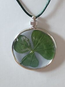 REAL 4 Leaf Clover In SILVER Tone  Glass disc With ADJUSTABLE CORD LUCKY