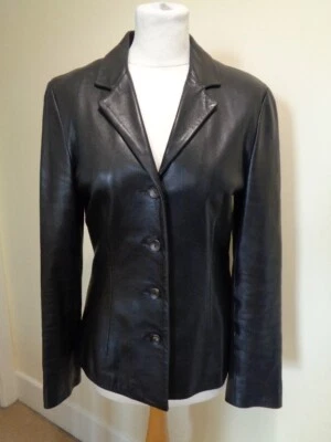 JANE NORRIS VINTAGE BLACK LEATHER BLAZER JACKET - SIZE 12 - Image 1 of 4
