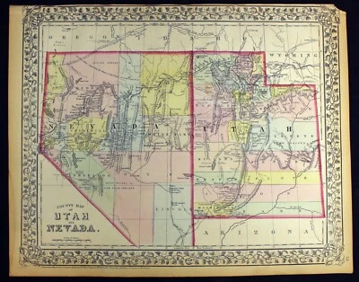 Antiguo mapa a color del condado de Utah y Nevada de 1872 Mitchell Foto 1 de 4