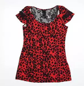 NEXT Womens Red Animal Print Viscose Basic T-Shirt Size 14 Scoop Neck - Picture 1 of 12