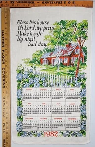 1982 Tea Towel Calendar Red House with Picket Fence Light Blue Flower Border - Picture 1 of 5