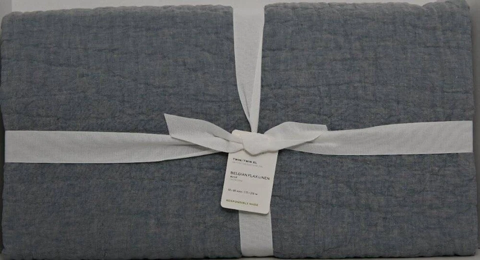 Pottery Barn Belgian Flax Linen Handcrafted Quilt, Twin/TwinXL  Chambray NWT - Image 1 of 4