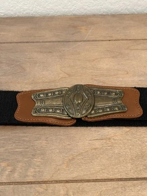 Винтажный латунный эластичный холщовый и кожаный пояс с пряжкой - Изображение 1 из 4