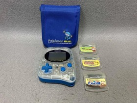 Nintendo Pokemon Mini console, soft cover, and 3 software sets