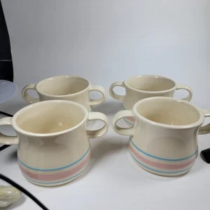 4 seltene Vintage McCoy offene Suppenschüssel mit 2 Griffen rosa blaue Streifen - Bild 1 von 3