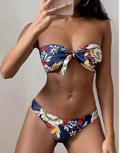 ZAFUL Bikini donna fascia stampa floreale set costume da bagno taglio alto blu navy taglia 8 - Foto 1 di 8