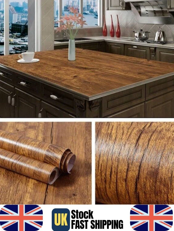 Glossy Oak Wood Grain Vinyl Wrap Self Adhesive Kitchen Worktop Counter Sticker - Image 1 of 4