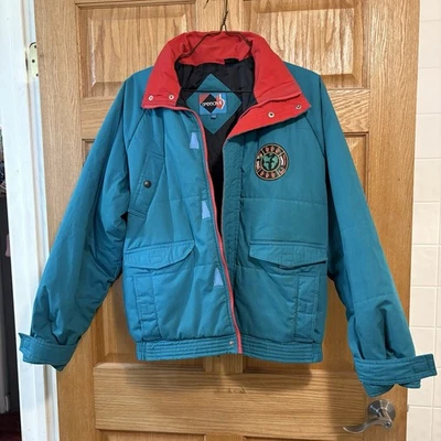 Chaqueta de esquí Sasson de colección para hombre roja verde azulado con cremallera acolchada Y2K años 80 90 retro boho talla L Foto 1 de 4