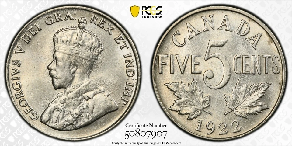 Canada, 1922 George V Five Cents, 5 Cents. PCGS MS 64 Near S. 4,794,119 Mintage - Image 1 of 4