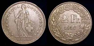 SWITZERLAND 1916 B Silver 2 Francs XF/AU ** - Picture 1 of 1
