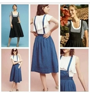 Anthropologie Holding Horses Linen Blue Pinafore Suspender Dress Sz S Cottage - Picture 1 of 18