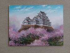 Japan Castle with blossom Sakura art, Original cherry tree branches oil painting