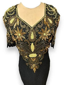 Vintage Beaded Sequined Heavy Dress Sparkling Gold Pearl Tone sz S-M 1980’s - Picture 1 of 18