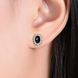 RYLOS BLACK STAR SAPPHIRE & DIAMOND EARRINGS YELLOW GOLD PLATED SILVER - Picture 1 of 5