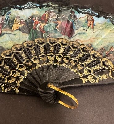 Vintage Handheld Folding Fan With Black Victorian Scene & Lace Trim - Image 1 of 4