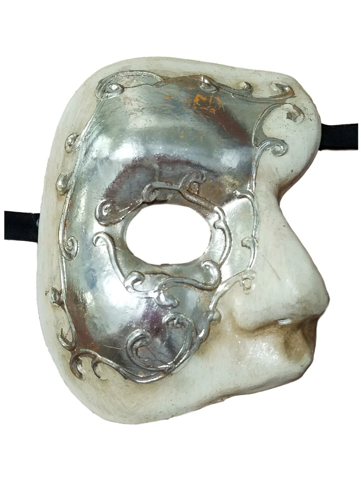 White Silver Foil Phantom of The Opera Costume Masquerade Mardi Gras Party Mask - Image 1 of 4
