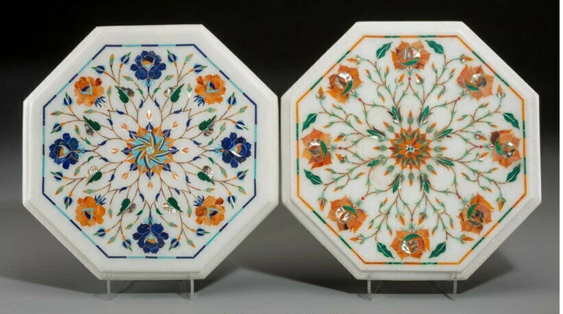 set of two 12" Marble coffee corner Table Top Pietra dura Handmade Work - Image 1 of 1