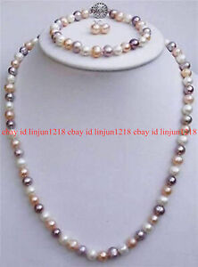 Natural 7-8mm Multicolor Freshwater Pearl Necklace Earrings Bracelet Set 18''