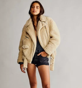 Sz M Belted Free People So Cozy Slouchy Moto Jacket Coat Faux Fur Lined - Picture 1 of 9