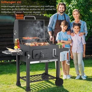Holzkohlegrill BBQ Grillwagen Holzkohle Barbecue Grill Gartengrill Ablage Räder - Bild 1 von 6