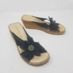 Andre Assous Black Flower Espadrille Wedge Sandals Slip On Open Toe Heels Sz 9 - Picture 1 of 11