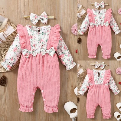Newborn Baby Girls Floral Romper Jumpsuit Playsuit Headband Outfits Set Clothes - Image 1 of 4