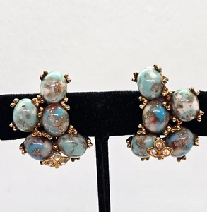 Vintage HAR Drachenei Clip On OHRRINGE meliert blau weiß gold rot AB Akzente - Bild 1 von 7