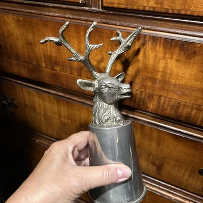 复古 Stag Elk Deer Head Stirrup 镀银杯 8 英寸高脚杯 阅读 — 第 1/4 张图片