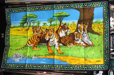 New 1970s Asian Tiger Family Wall Tapestry Rug - Retro Boho Decor -57”x38.5” - Image 1 of 3
