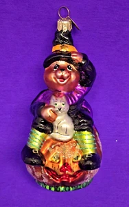 Christopher Radko Halloween Cheer Bear Witch ~ w/ Cat on Pumpkin Glass Ornament! - Picture 1 of 12
