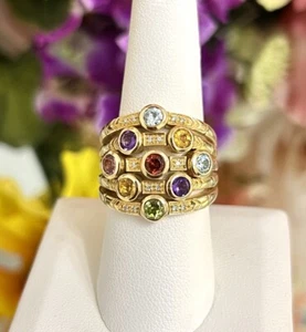 14k Yellow Gold Sonia B Bitton Multicolor Gemstone Diamond Cocktail Ring Size 8 - Picture 1 of 9