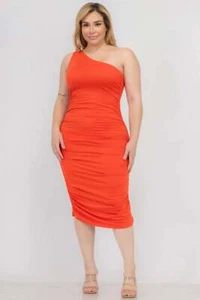 Plus Size Sexy Solid Color Ruched One Shoulder Midi Bodycon Dress - Picture 1 of 4
