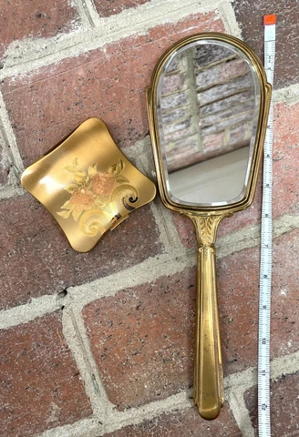 2 pc Antique VTG Rare Bronze Hand Mirror Marked and Eglin American Compact Cover