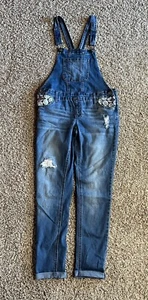 JUSTICE Distressed Blue Jean Denim W/Lace Detail, Bib Overalls, Girl’s US Sz 12 - Picture 1 of 12
