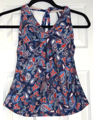 Merona Ruched Side Tankini Swim Top Halter Blue/Red Paisley Size Small - Image 1 of 4