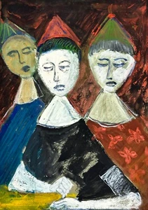 Pintura al óleo de Gene Charlton: 3 figuras en sombreros de cono - Imagen 1 de 2