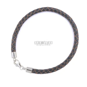 9 Zoll Sterlingsilber 5 mm Rund Geflochten Schwarz/Braun Echtleder Kordel Armreif - Bild 1 von 1