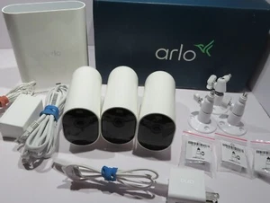 3 Arlo Pro 4 VMC4041P Indoor/Outdoor Wi-Fi Wire-Free Cameras & VMB4540 Base - Picture 1 of 17