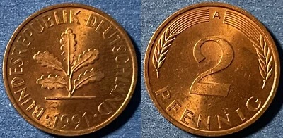 Germany 1991 A 2 Pfennigs KM-106a Copper clad iron BUNC #76 - US Seller - Image 1 of 2
