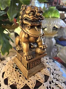 Chinesische Gold Harz Foo Hund Löwe Statue 7" Vintage - Bild 1 von 7