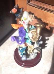 Vintage Clown  Figurine with Shepard Dog and Tuba on Wood Base 7.5" tall - Picture 1 of 7