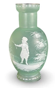 Antique Mary Gregory Style Cameo Frosted Glass Vase Sage Green/Clear 8.75”H - Picture 1 of 16