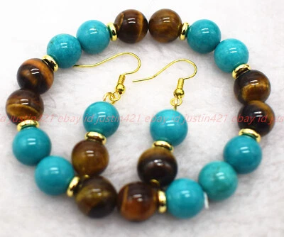 Handmade Natural 10mm Turquoise Tiger's Eye Gemstone Bracelet Earring Set 7.5in - Image 1 of 4