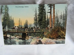 Early 1900’s Tinted Postcard Pack Bridge Idaho Lake Ft. Creek Horses People - Picture 1 of 4
